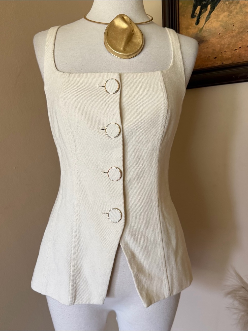 Cream Square-Neck Button Front Tank Top